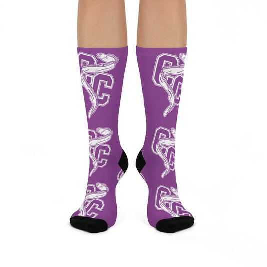 Clay City HS Eels - Crew Socks - large eel white on purple - EdgyHaute