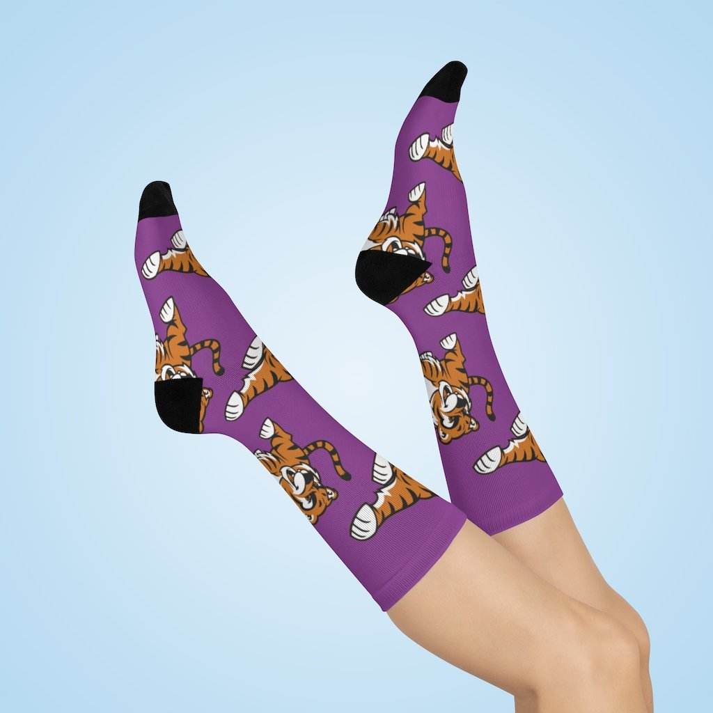 Greencastle HS Tiger Cubs - Crew Socks - large tiger cub on purple - EdgyHaute