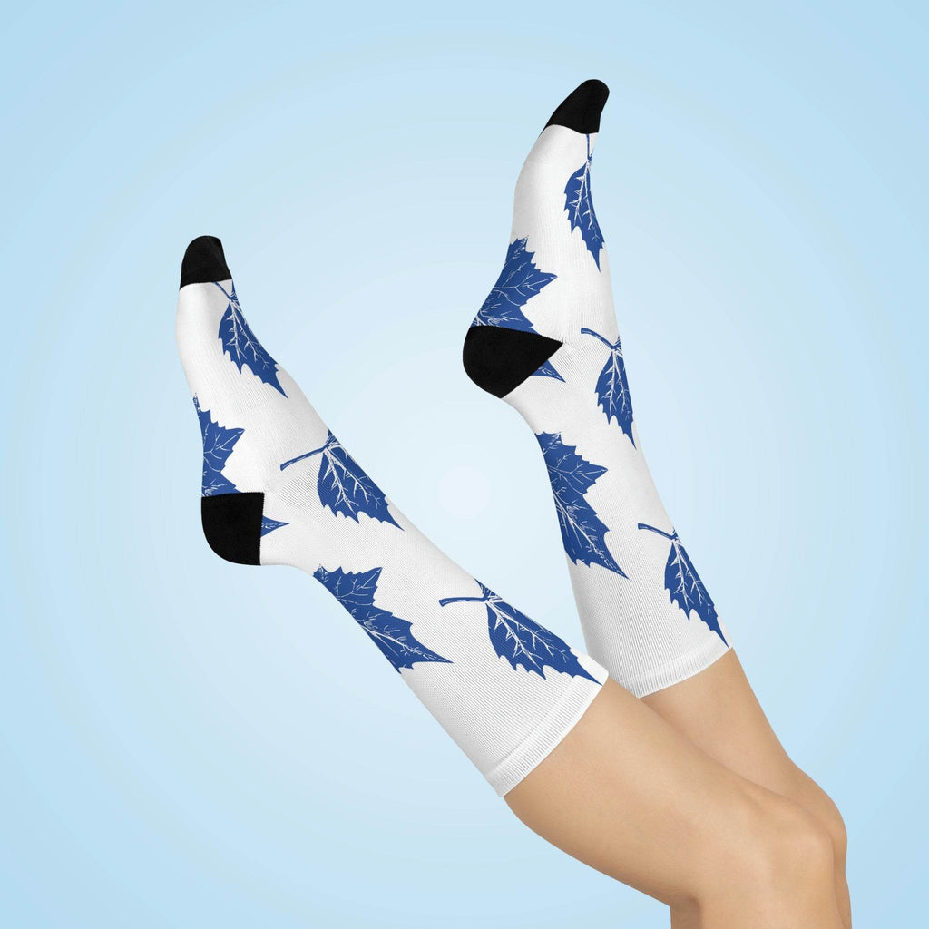 State High School Sycamores (ISU Laboratory School) - Crew Socks - large leaf blue on white - EdgyHaute