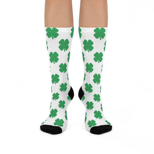 Cloverdale HS Clovers - Crew Socks - 4-leaf clover on white - EdgyHaute