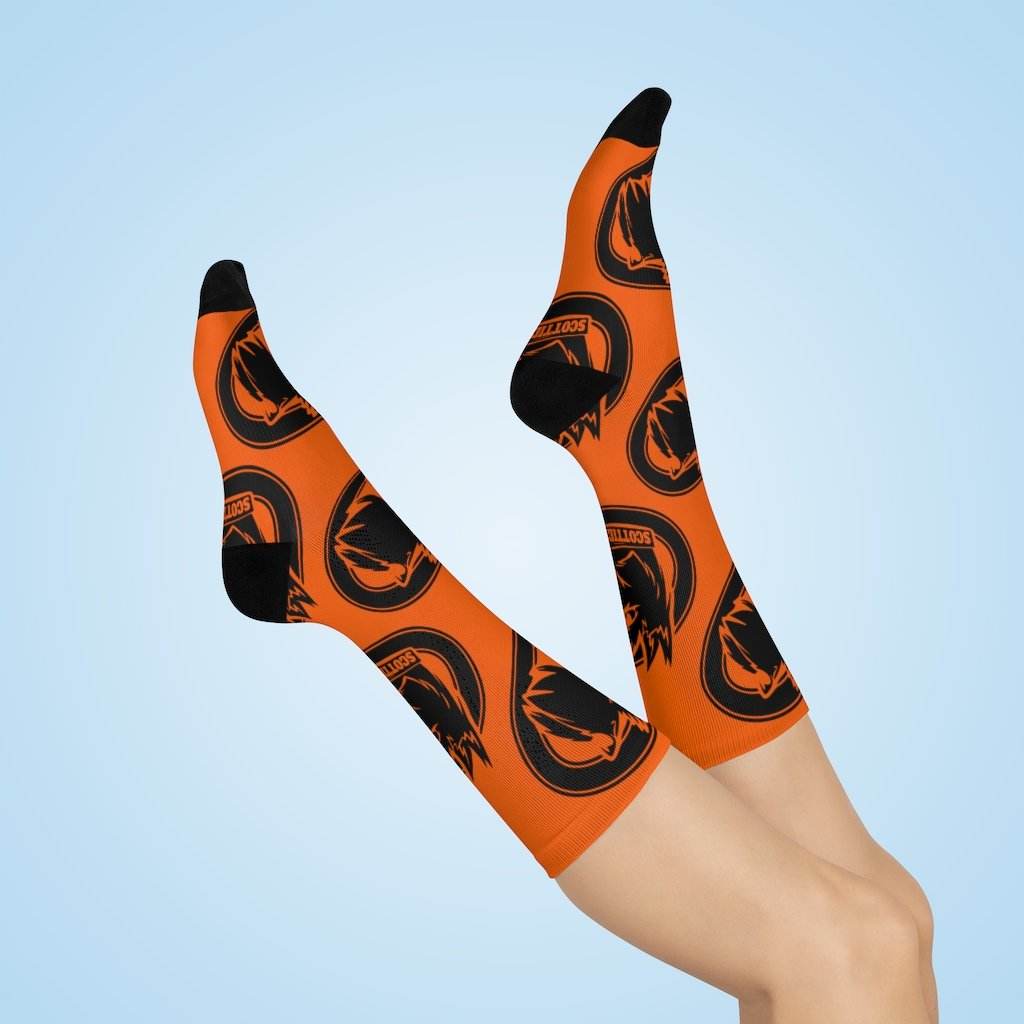 Sarah Scott MS Scotties - Crew Socks - large scottie black on orange - EdgyHaute