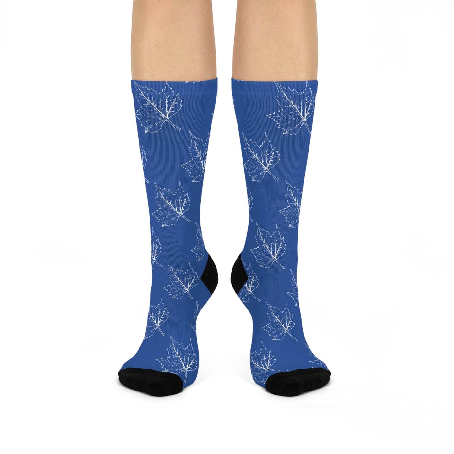 State High School Sycamores (ISU Laboratory School) - Crew Socks - small leaf white on blue - EdgyHaute