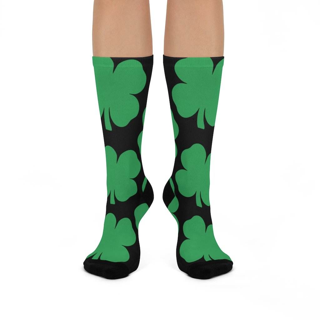 Cloverdale HS Clovers - Crew Socks - large 4-leaf clover on black - EdgyHaute