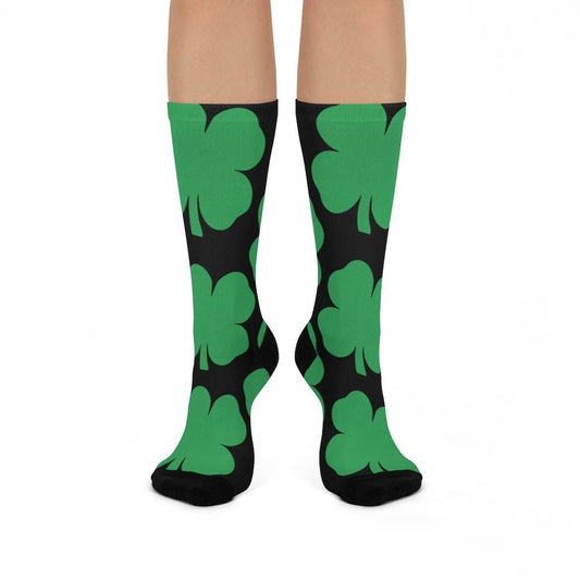 Cloverdale HS Clovers - Crew Socks - large 4-leaf clover on black - EdgyHaute