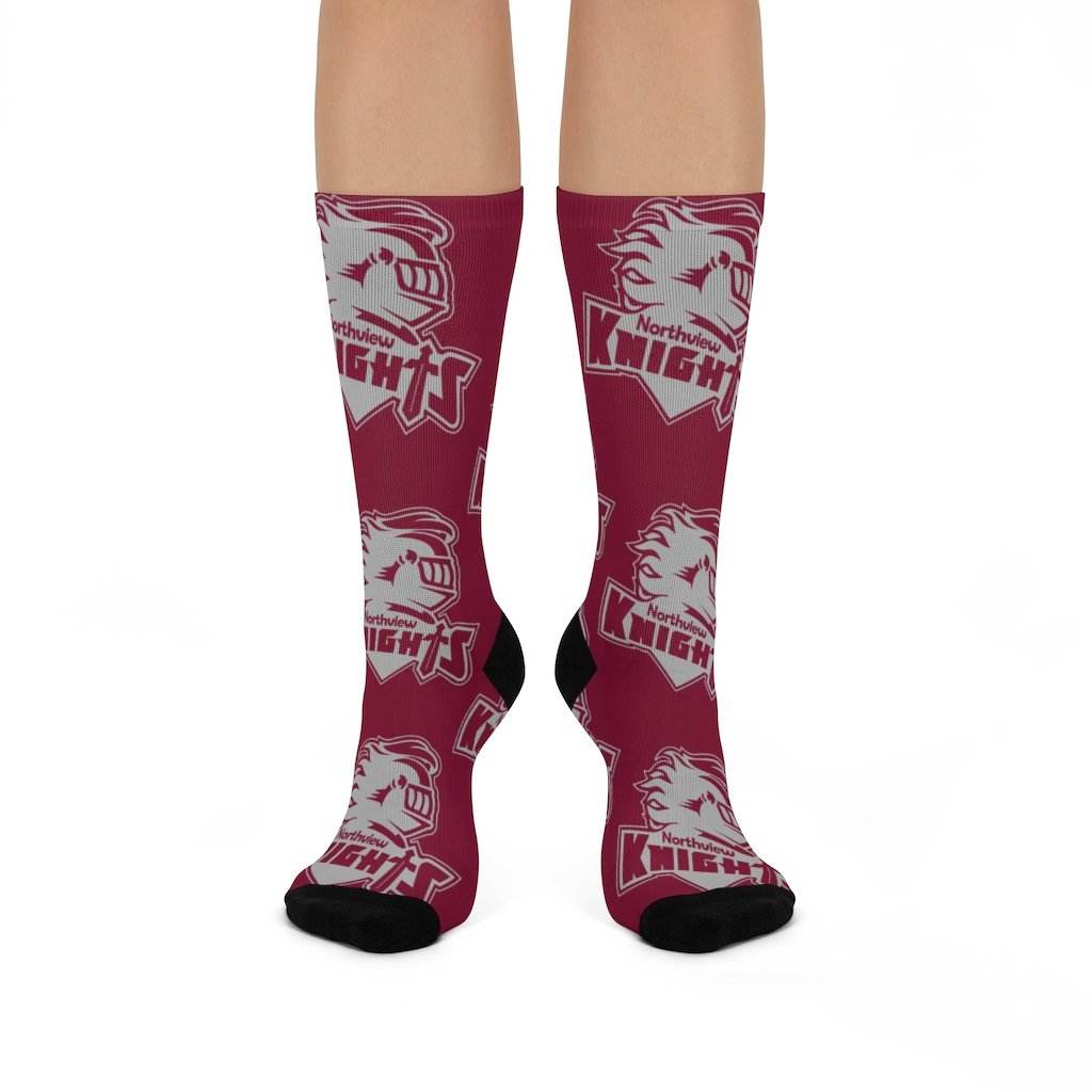 Northview HS Knights - Crew Socks - large knight gray on maroon - EdgyHaute