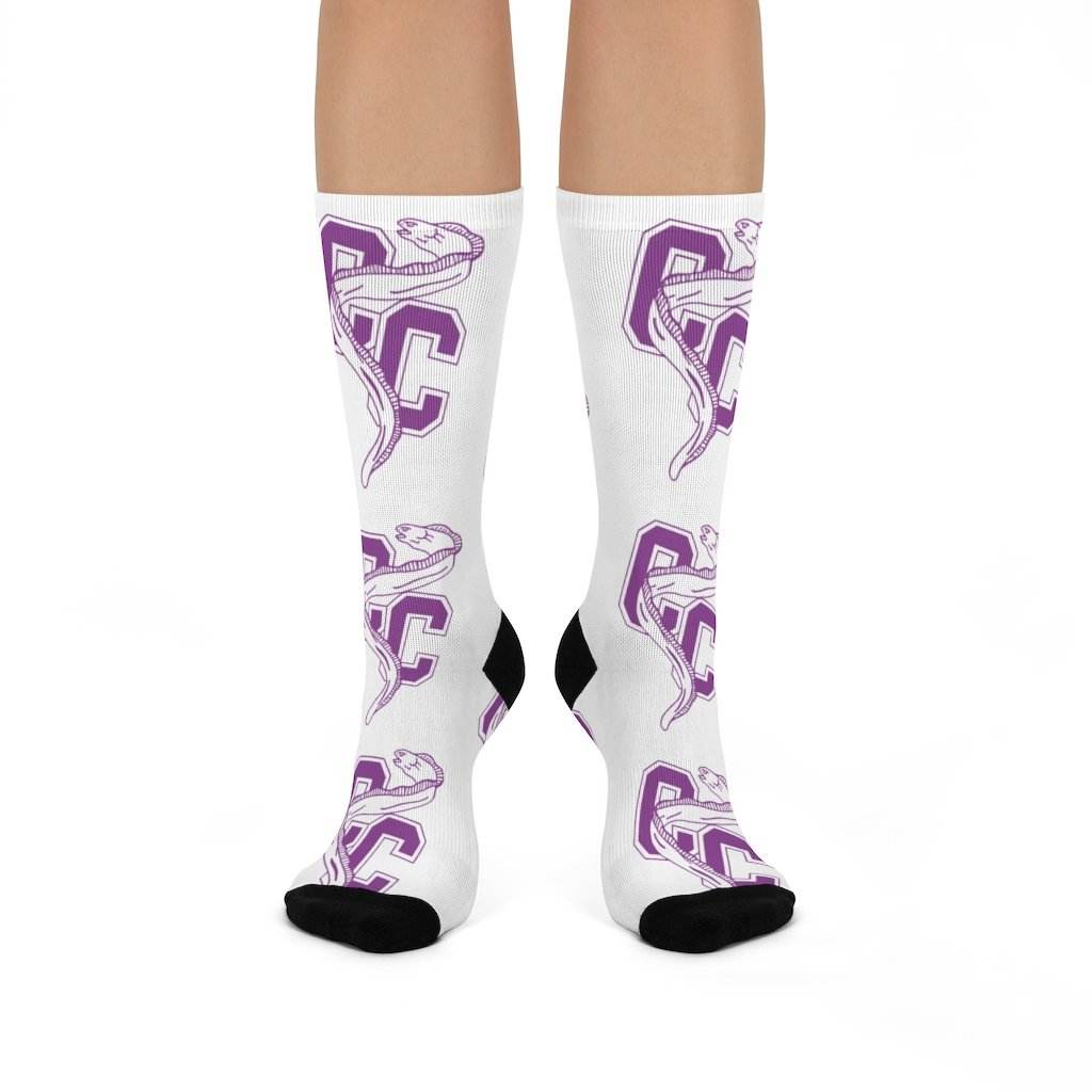 Clay City HS Eels - Crew Socks - large eel purple on white - EdgyHaute