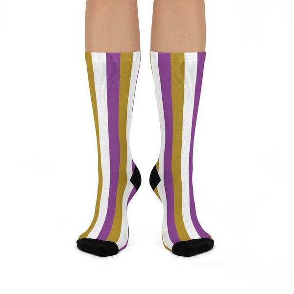 Sullivan HS Golden Arrows - Crew Socks - purple gold and white stripes - EdgyHaute