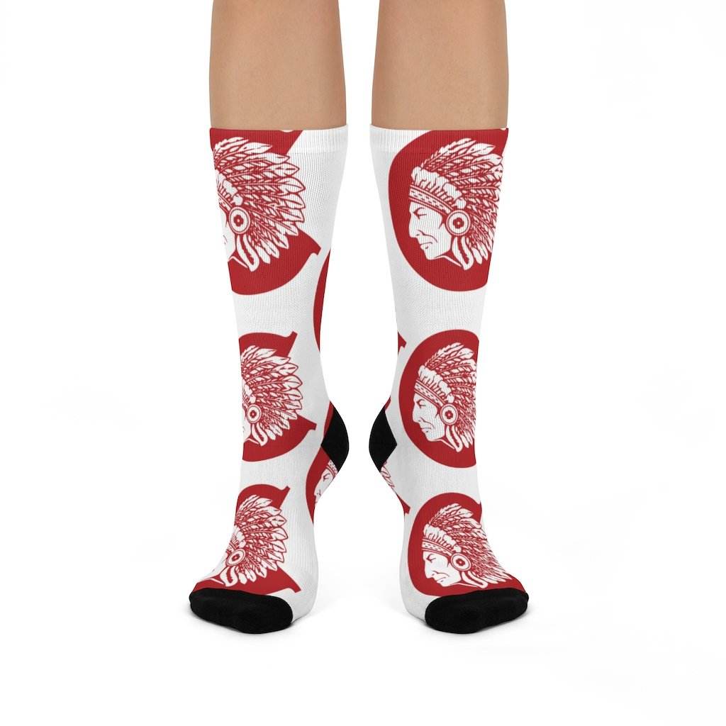 Carlisle MS Indians - Crew Socks - large C red on white - EdgyHaute