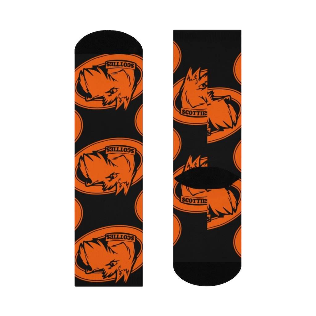 Sarah Scott MS Scotties - Crew Socks - large scottie orange on black - EdgyHaute