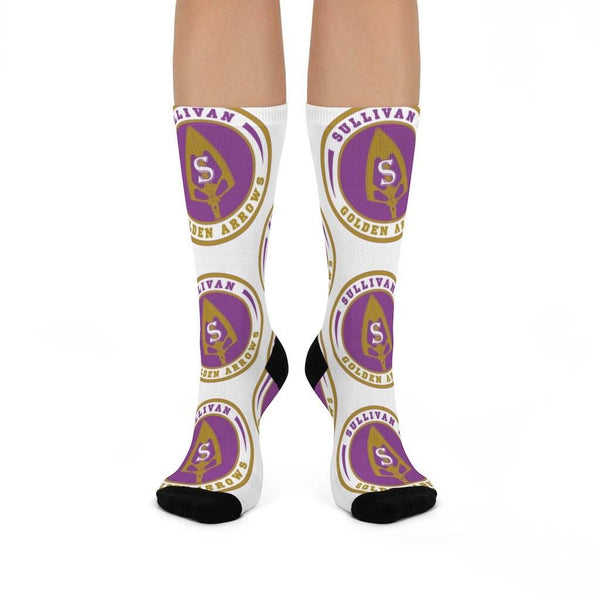 Sullivan HS Golden Arrows - Crew Socks - large arrow purple and gold on white - EdgyHaute