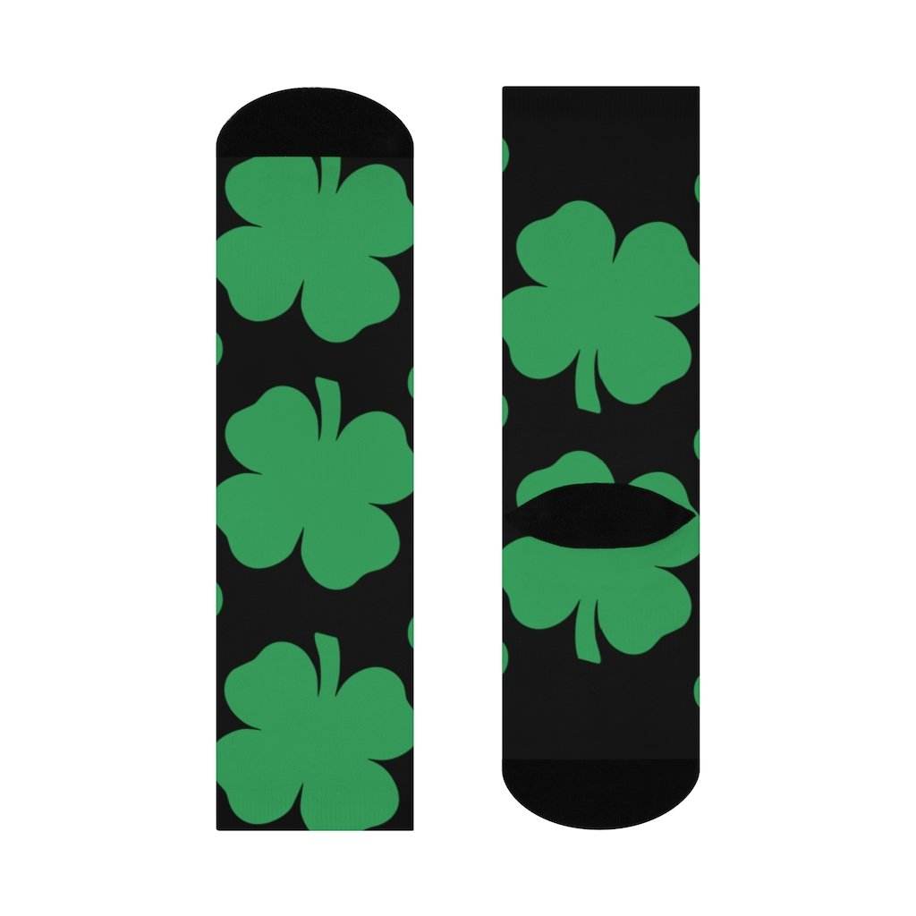 Cloverdale HS Clovers - Crew Socks - large 4-leaf clover on black - EdgyHaute