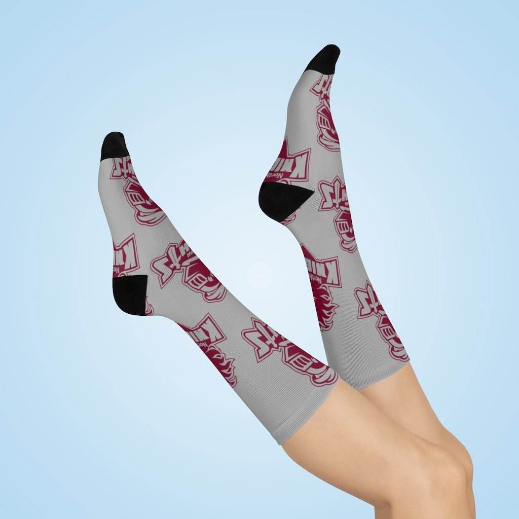 Northview HS Knights - Crew Socks - large knight maroon on gray - EdgyHaute