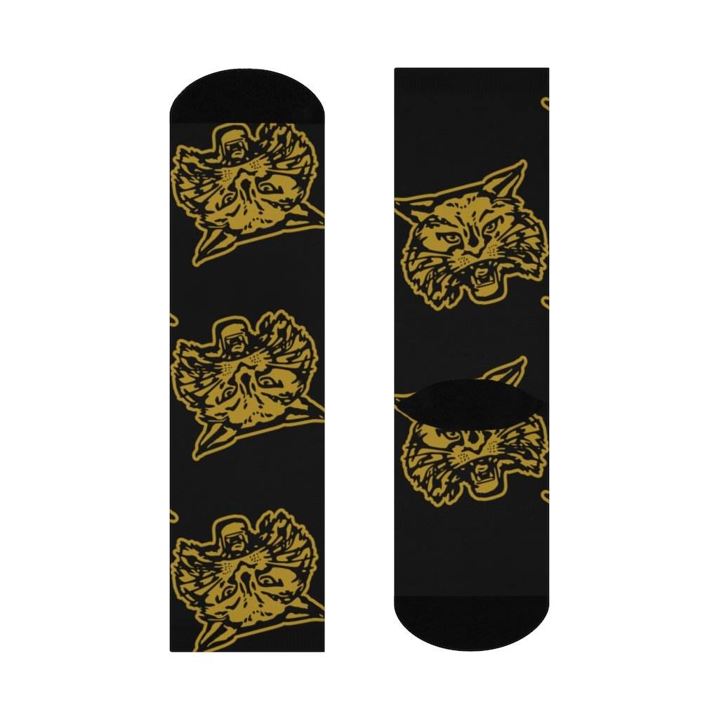 South Vermillion HS Wildcats - Crew Socks - large wildcat gold on black - EdgyHaute