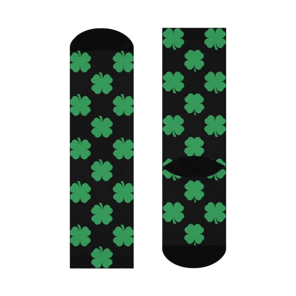 Cloverdale HS Clovers - Crew Socks - 4-leaf clover on black - EdgyHaute