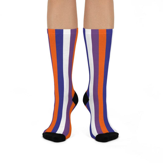 Kansas/Shiloh/Oakland Tri-County Titans - Crew Socks - purple orange blue and white stripes - EdgyHaute