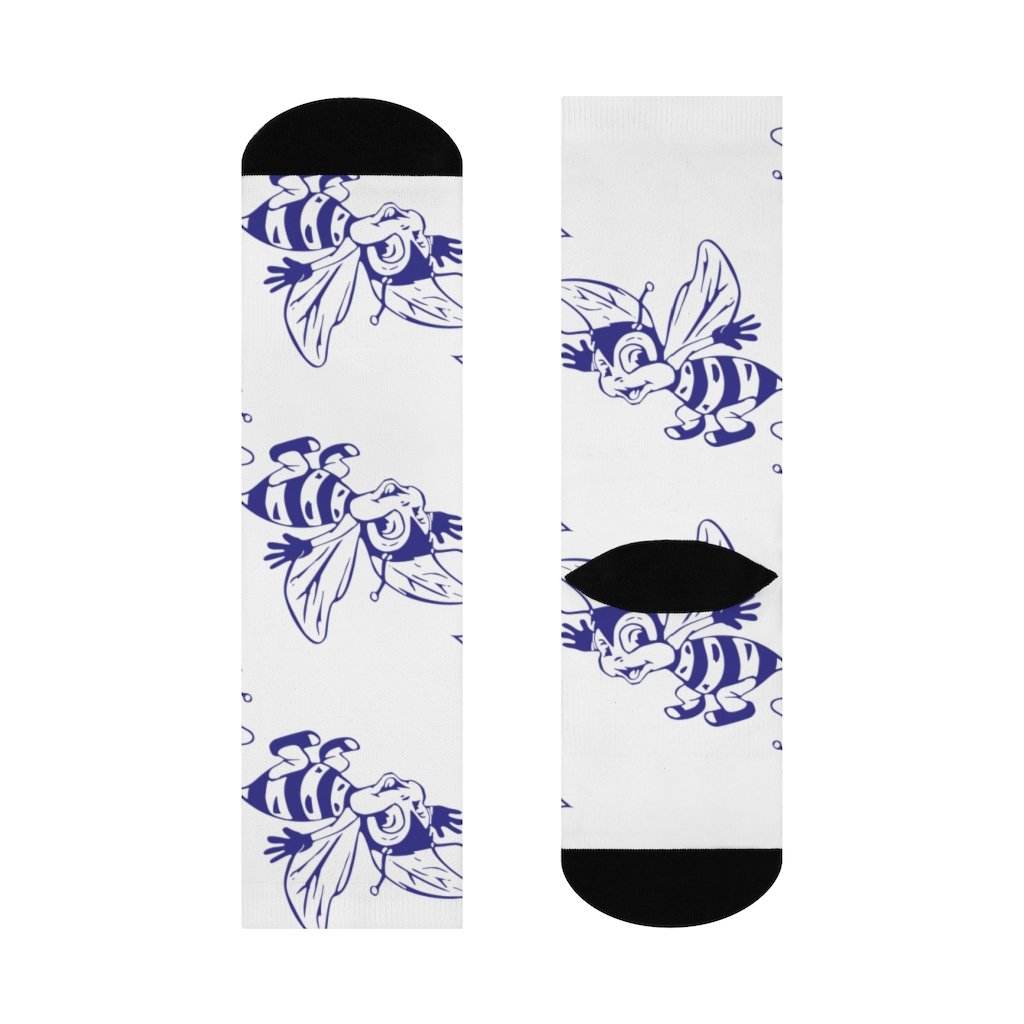 Honey Creek MS Bees - Crew Socks - large bee blue on white - EdgyHaute