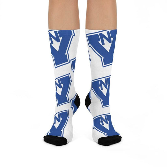 North Vermillion HS Falcons - Crew Socks - large NV blue on white - EdgyHaute