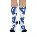 North Vermillion HS Falcons - Crew Socks - large NV blue on white - EdgyHaute