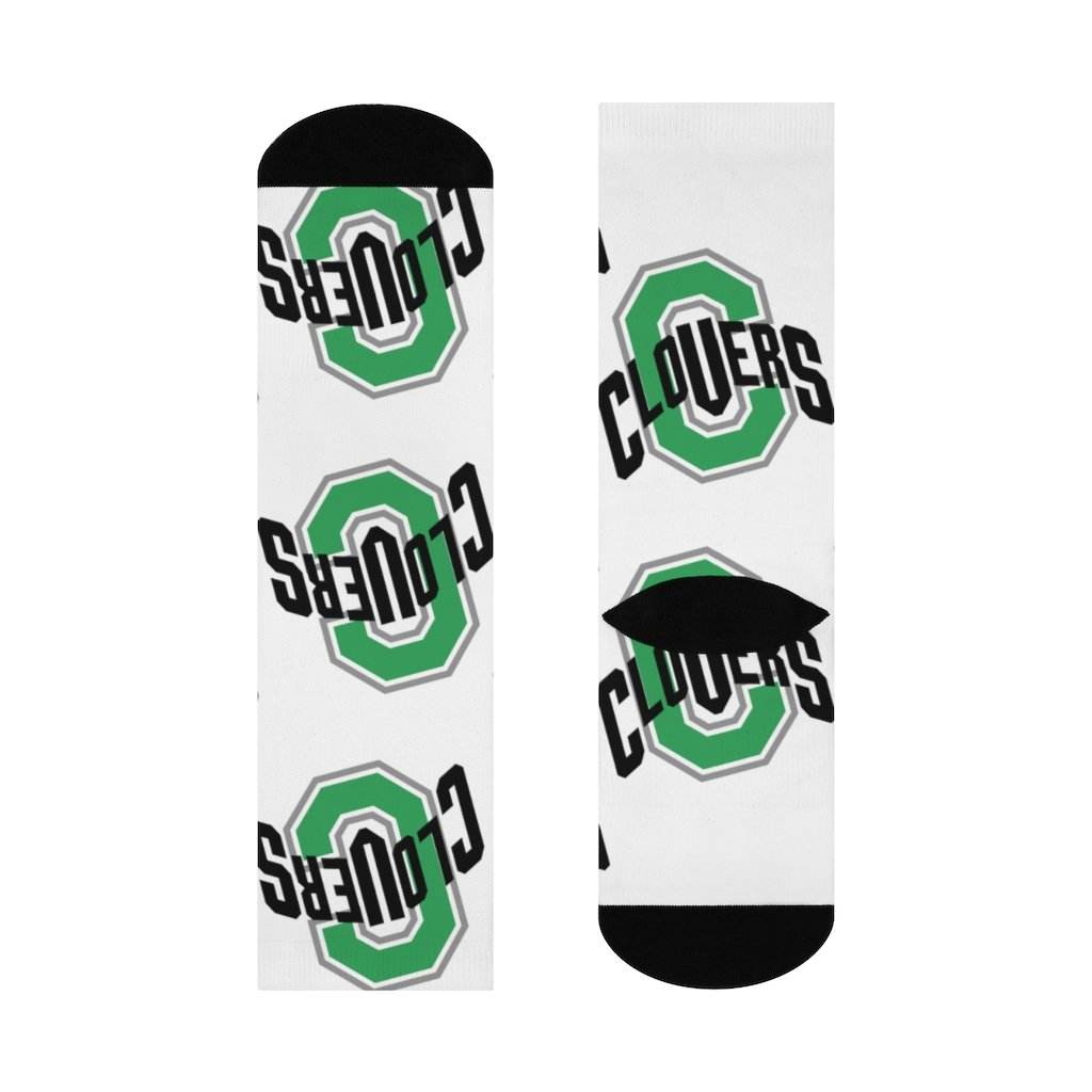 Cloverdale HS Clovers - Crew Socks - large CLOVERS on white - EdgyHaute