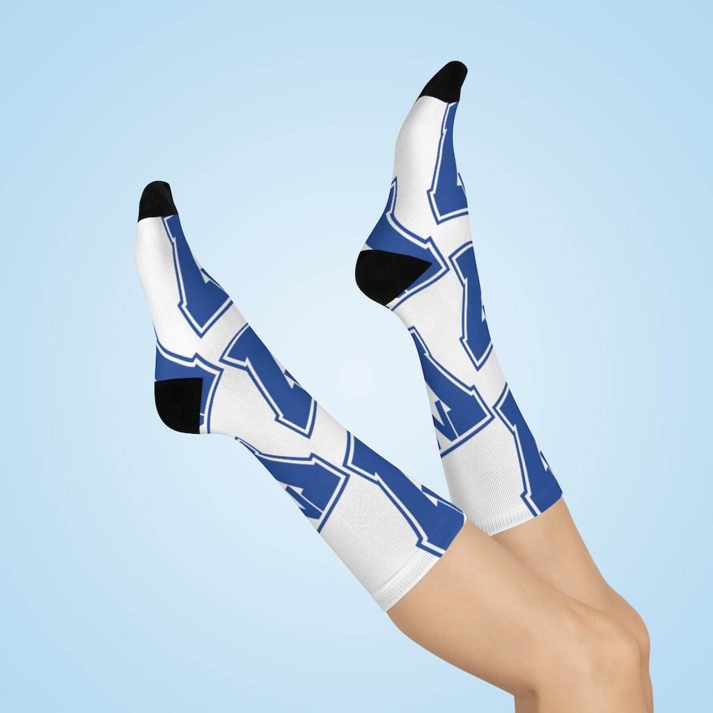 North Vermillion HS Falcons - Crew Socks - large NV blue on white - EdgyHaute