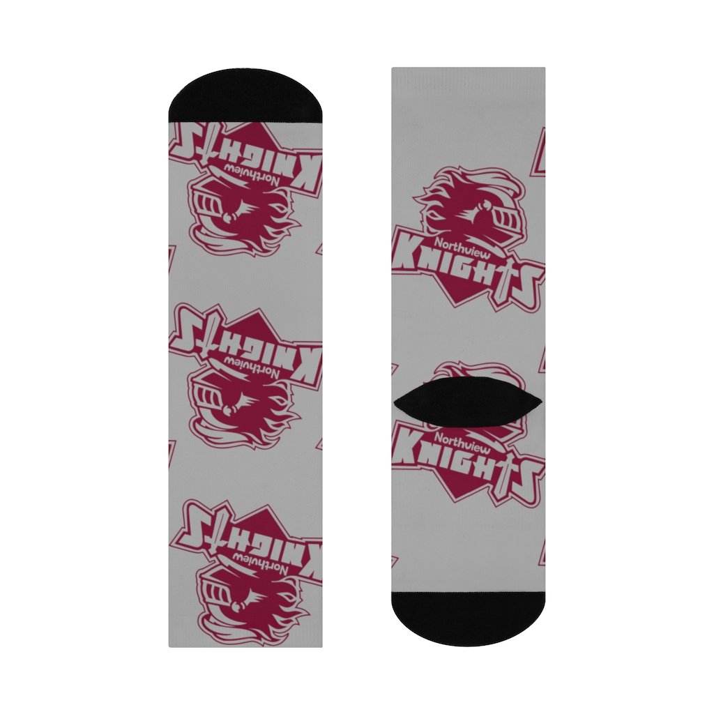 Northview HS Knights - Crew Socks - large knight maroon on gray - EdgyHaute