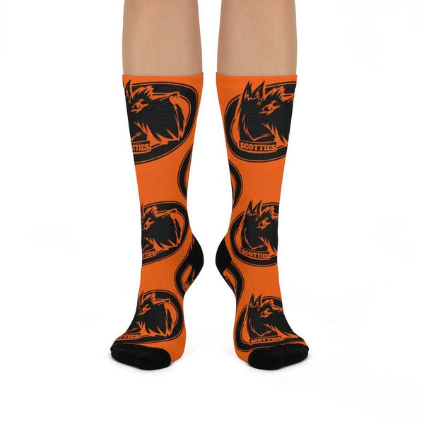 Sarah Scott MS Scotties - Crew Socks - large scottie black on orange - EdgyHaute