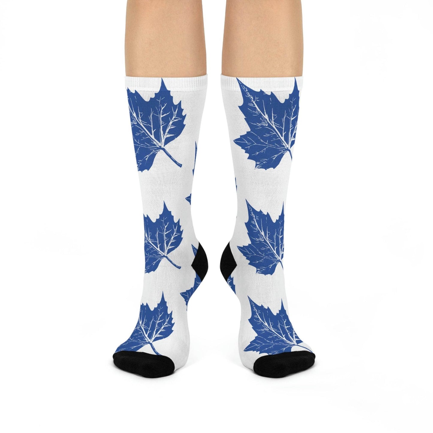 State High School Sycamores (ISU Laboratory School) - Crew Socks - large leaf blue on white - EdgyHaute