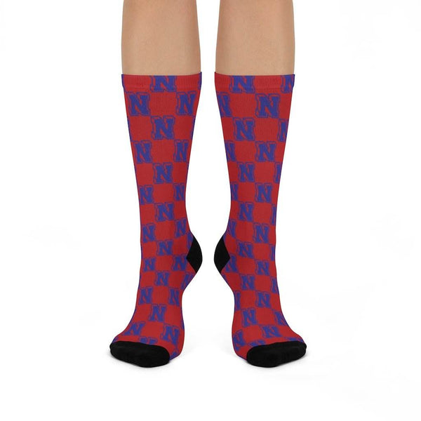 Terre Haute North HS Patriots - Crew Socks - blue on red - EdgyHaute