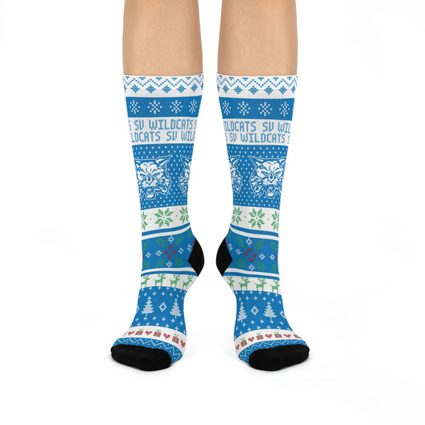 South Vermillion HS Wildcats - Ugly Christmas Sweater themed Crew Socks - blue - EdgyHaute