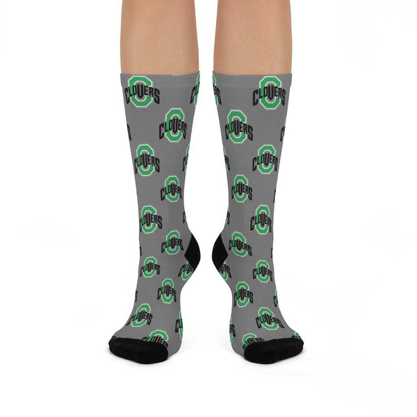 Cloverdale HS Clovers - Crew Socks - CLOVERS on gray - EdgyHaute