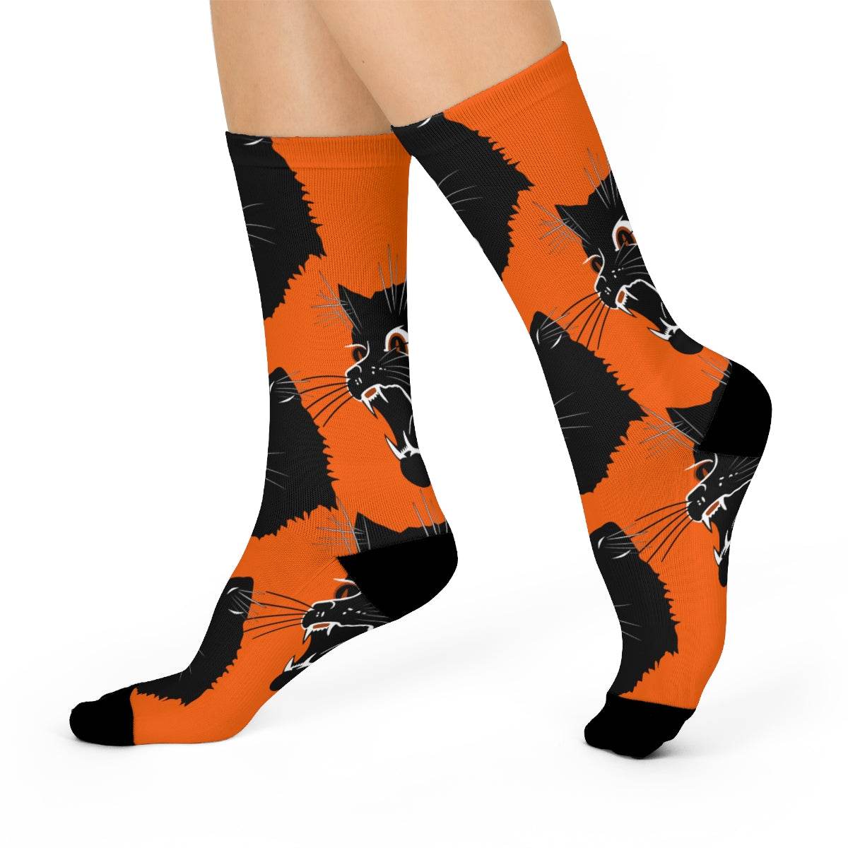 Gerstmeyer Black Cats - Crew Socks - large cat on orange - EdgyHaute