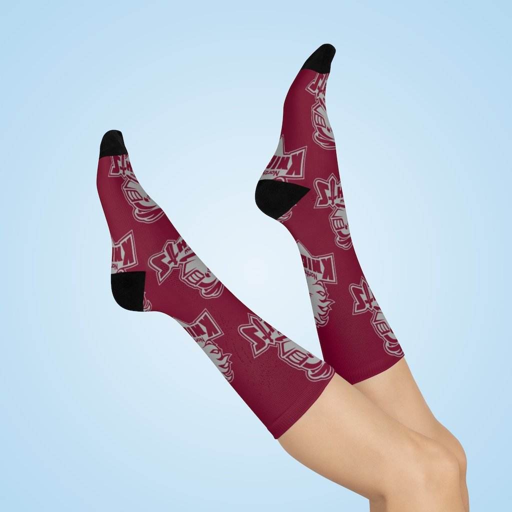 Northview HS Knights - Crew Socks - large knight gray on maroon - EdgyHaute