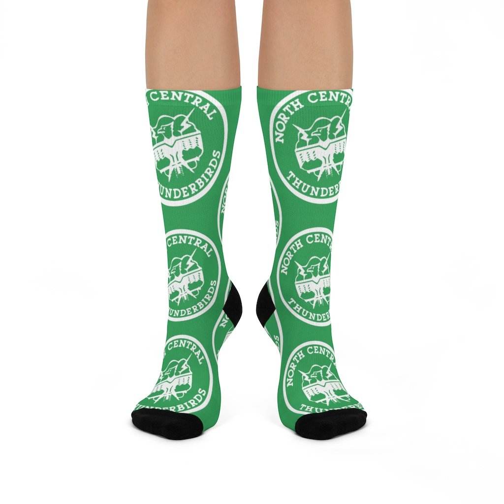 North Central HS Thunderbirds - Crew Socks - large NC white on green - EdgyHaute