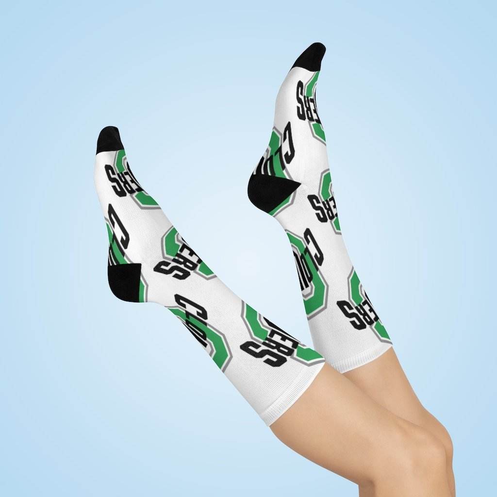 Cloverdale HS Clovers - Crew Socks - large CLOVERS on white - EdgyHaute