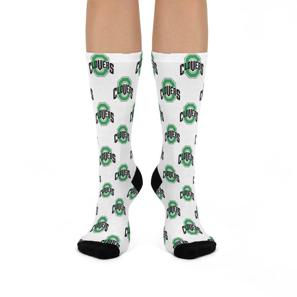 Cloverdale HS Clovers - Crew Socks - CLOVERS on white - EdgyHaute