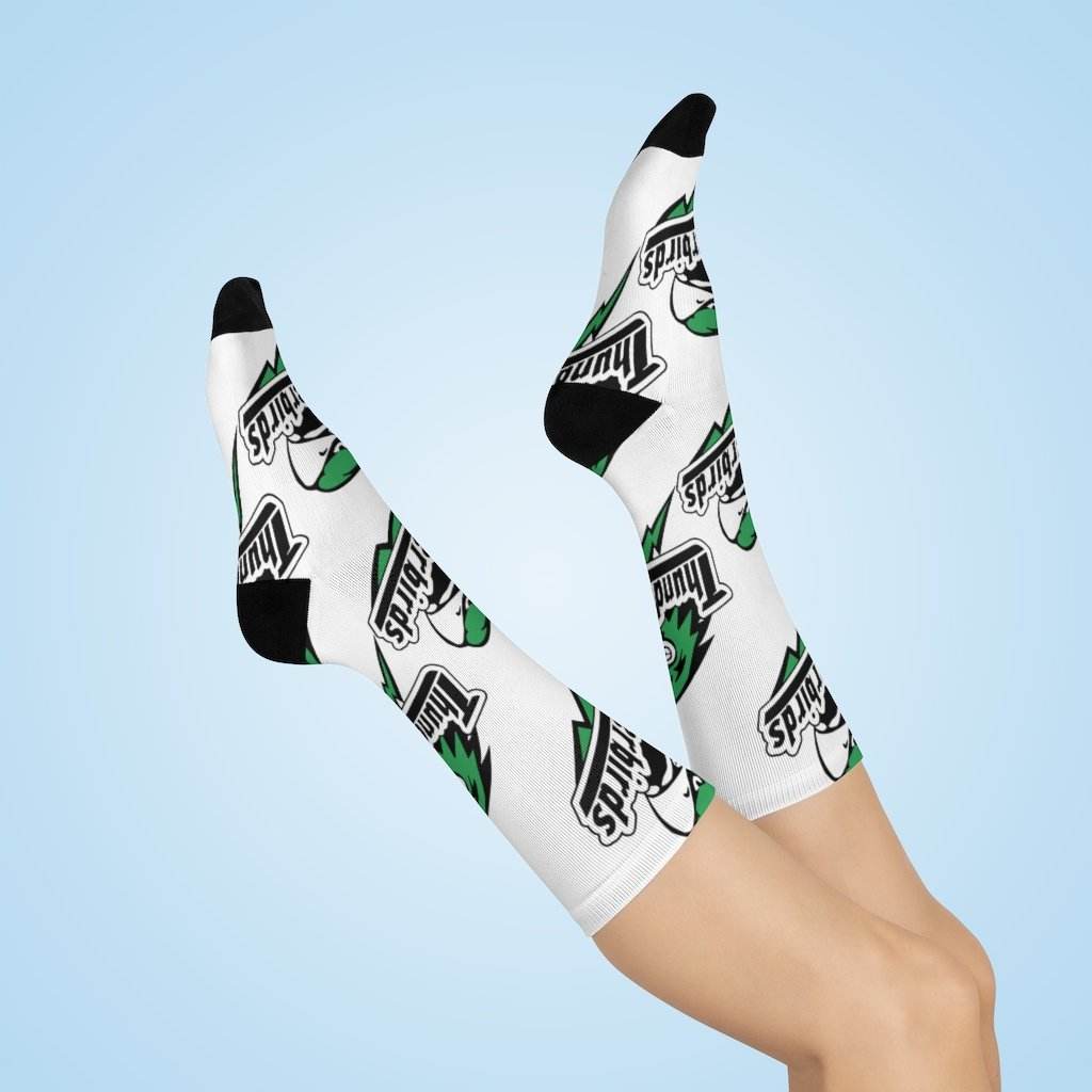 North Central HS Thunderbirds - Crew Socks - large thunderbird green and black on white - EdgyHaute