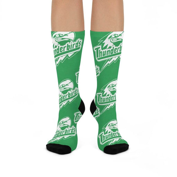 North Central HS Thunderbirds - Crew Socks - large thunderbird white on green - EdgyHaute