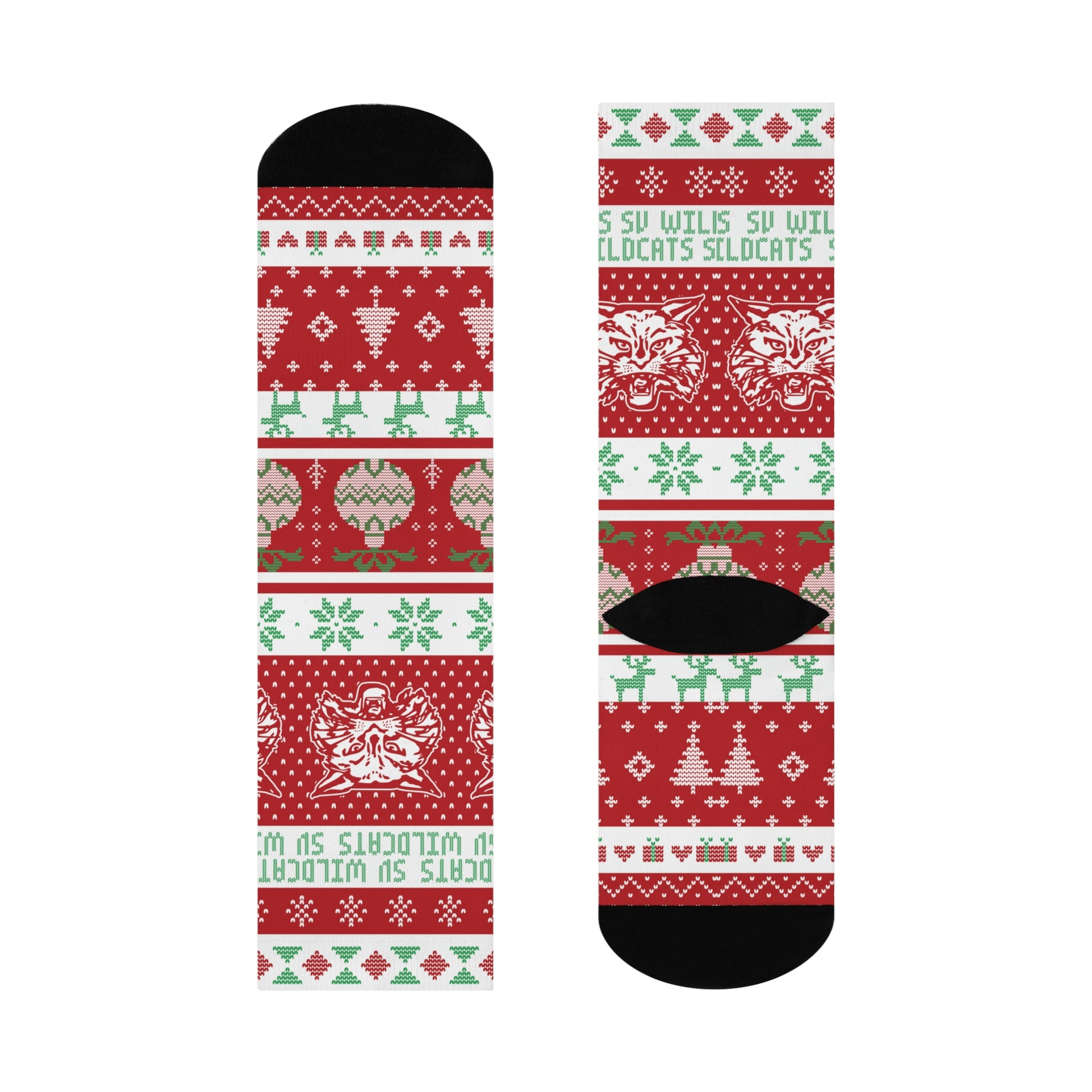 South Vermillion HS Wildcats - Ugly Christmas Sweater themed Crew Socks - red - EdgyHaute