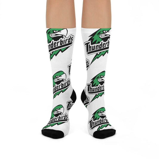 North Central HS Thunderbirds - Crew Socks - large thunderbird green and black on white - EdgyHaute