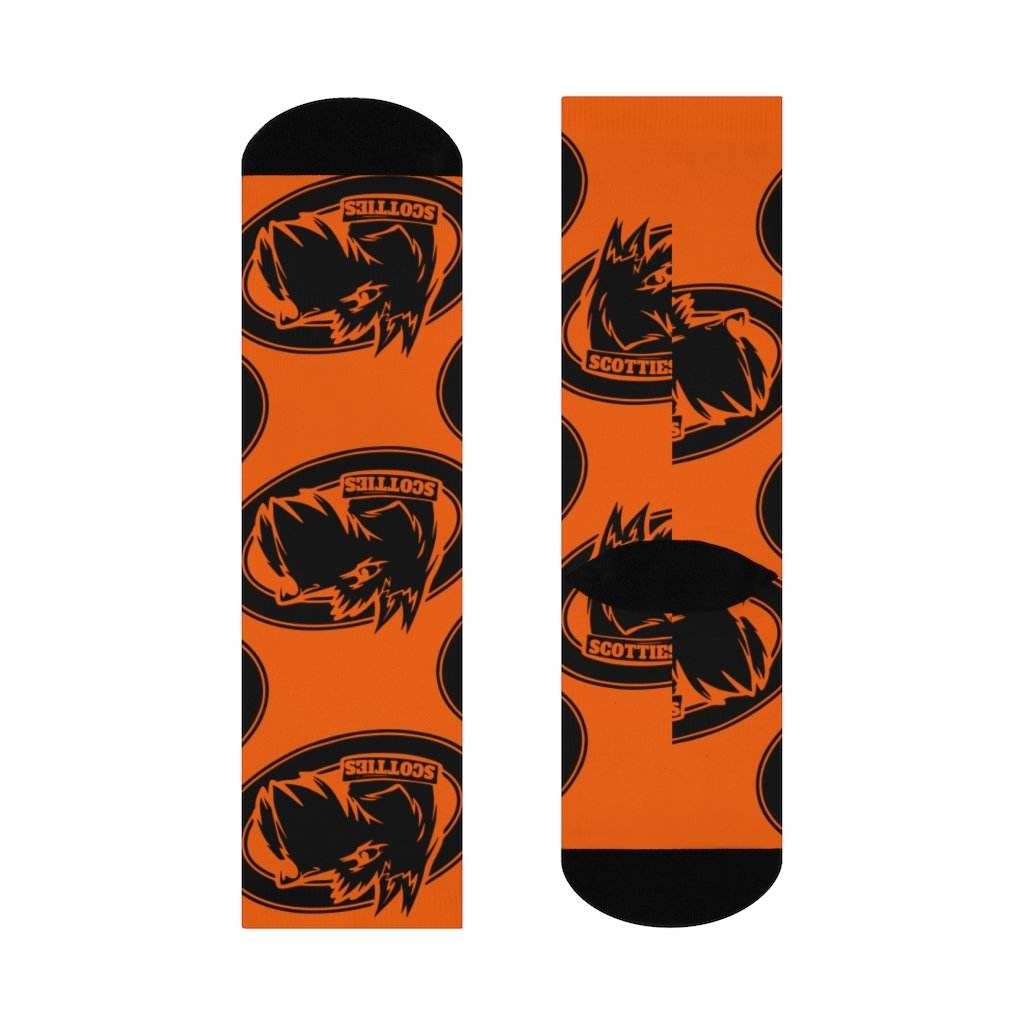 Sarah Scott MS Scotties - Crew Socks - large scottie black on orange - EdgyHaute