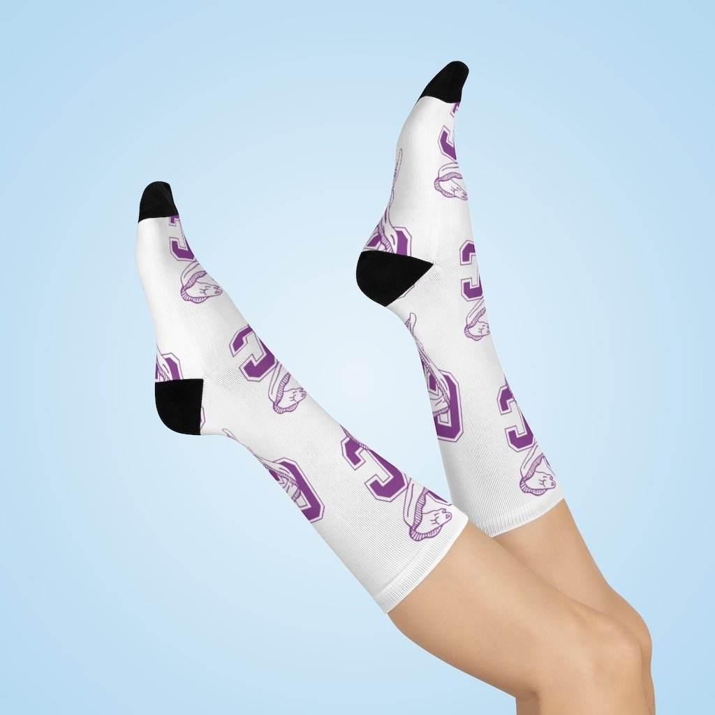 Clay City HS Eels - Crew Socks - large eel purple on white - EdgyHaute