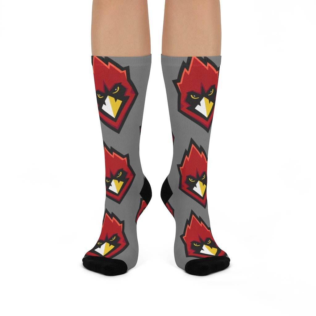 Chrisman HS Cardinals - Crew Socks - large cardinal on gray - EdgyHaute