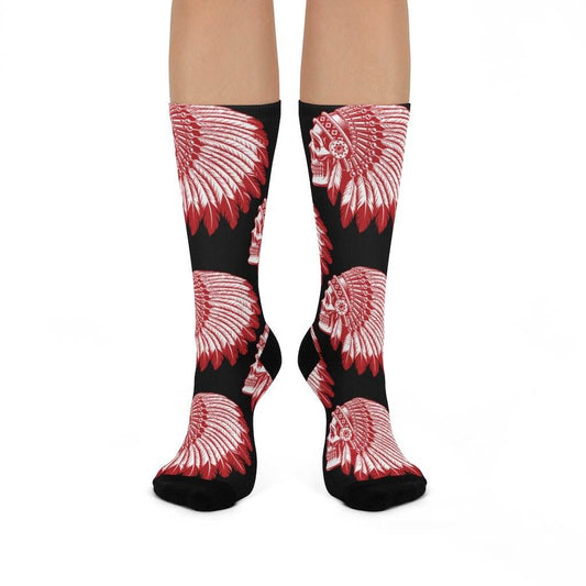 Terre Haute South HS Braves - Crew Socks - headdress red on black - EdgyHaute