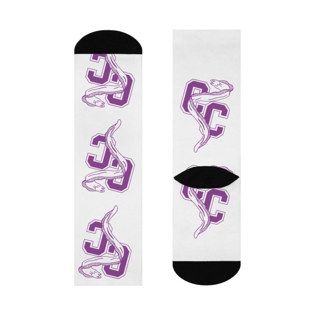 Clay City HS Eels - Crew Socks - large eel purple on white - EdgyHaute