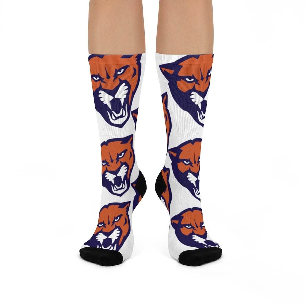 North Putnam HS Cougars - Crew Socks - large cougar on white - EdgyHaute