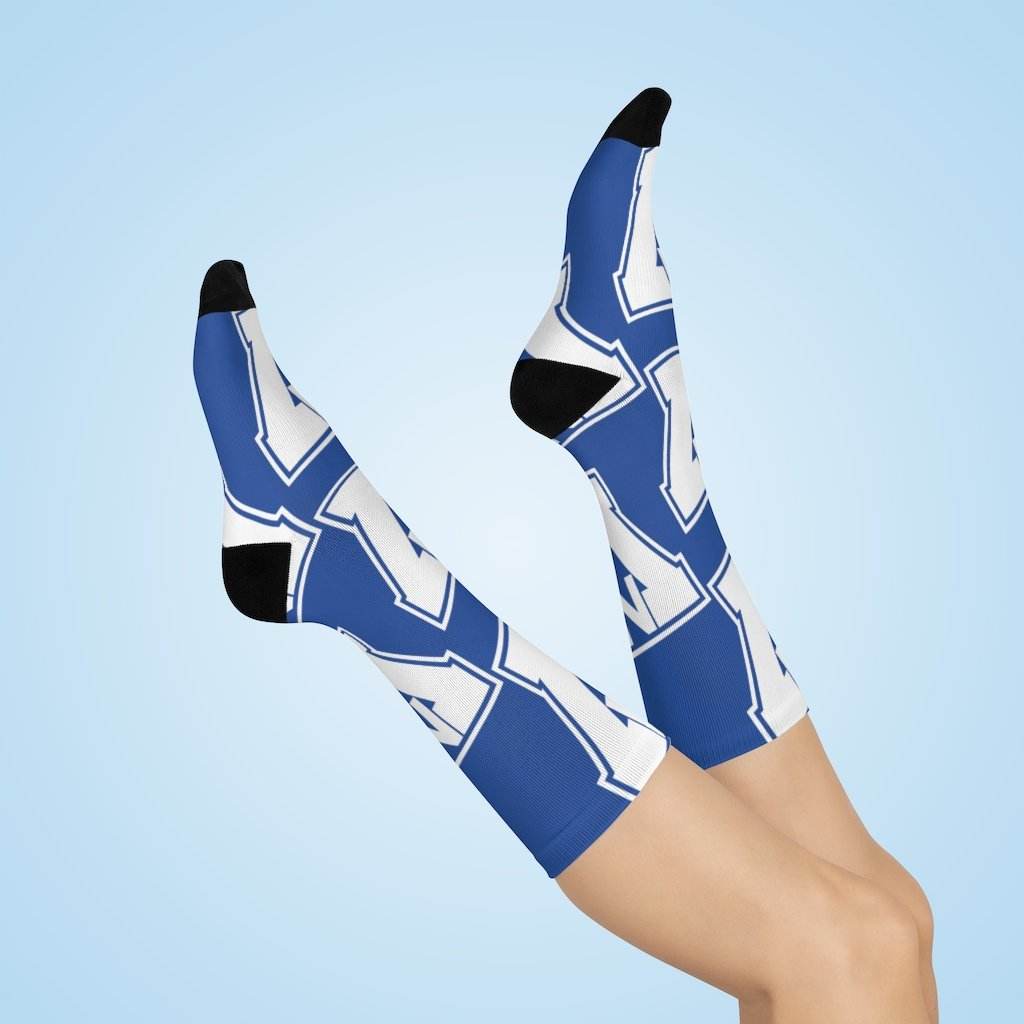 North Vermillion HS Falcons - Crew Socks - large NV white on blue - EdgyHaute