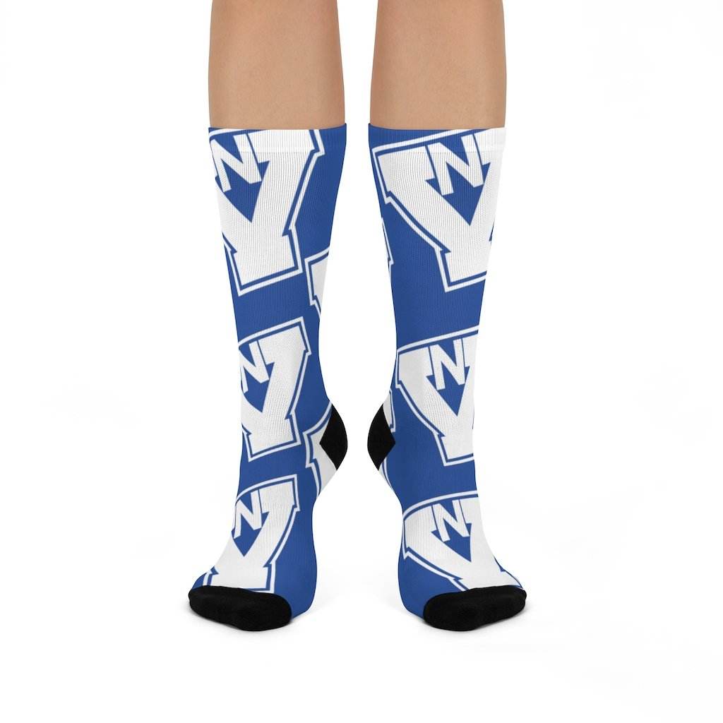 North Vermillion HS Falcons - Crew Socks - large NV white on blue - EdgyHaute