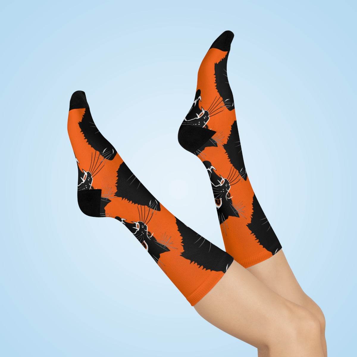 Gerstmeyer Black Cats - Crew Socks - large cat on orange - EdgyHaute