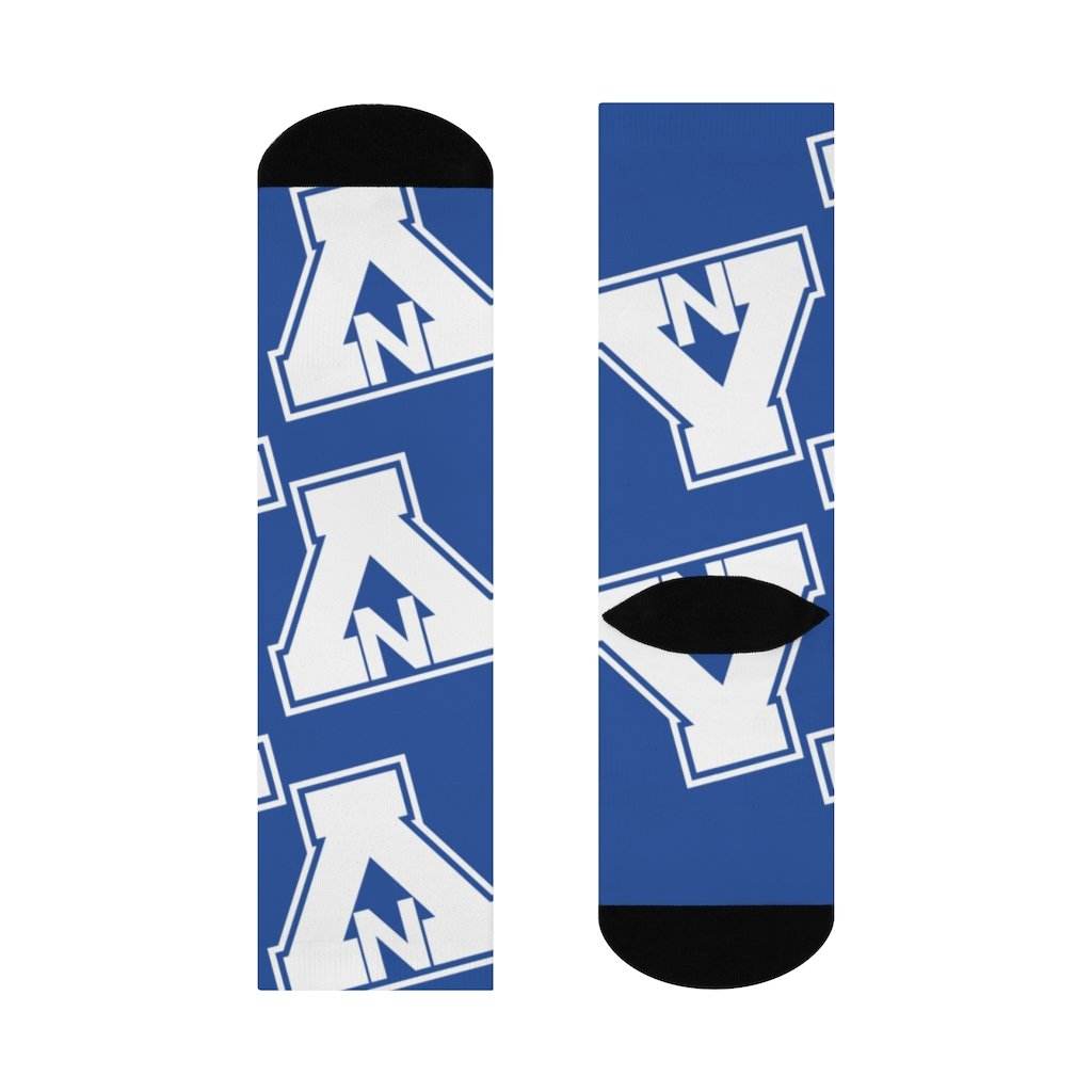 North Vermillion HS Falcons - Crew Socks - large NV white on blue - EdgyHaute