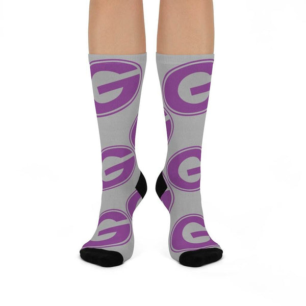 Greencastle HS Tiger Cubs - Crew Socks - large G purple on gray - EdgyHaute